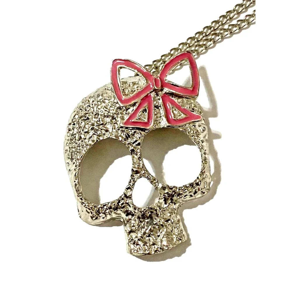 Silver Tone Skull Pendant Necklace Pink Enamel Bow Gothic Punk Long Chain 28